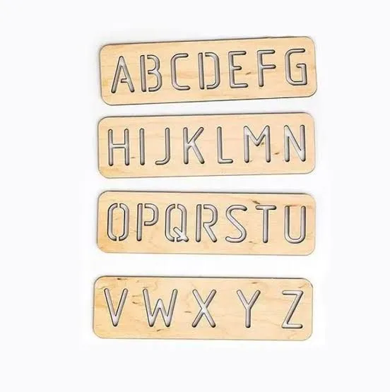 Alphabets A To Z Letter Educational Wood Hand Writing Stencil Board (4 PIECES) Alphabet Recognition Reading And Drawing Hand And Eye Co-ordination Size 8x2 inches With Free Pencil And Eraser image 4