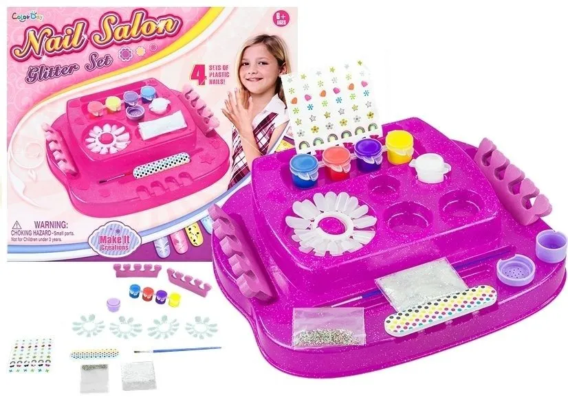 Nail Art Saloon Glitter Set For Nail Polishing Pretend  Play Girls Toys - pink image 3