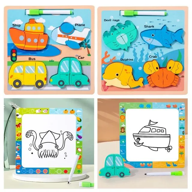 2 In 1 Wooden Puzzle Drawing Board Jigsaw Board Color Shapes Montessori Multifunctional White Board Wuth Puzzles For 2 3 4 5  Year Old Boys Girl And Kids Fun And Learn Toy Best Educational Utensils image 7