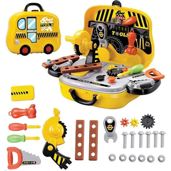 Deluxe - Pretend Play Tool Set Little Construction Workbench Including Toys Screw, Nuts, Hammers and More Tool Accessories In A Car Shape Briefcase Tool Set Box - 31 pieces - Yellow