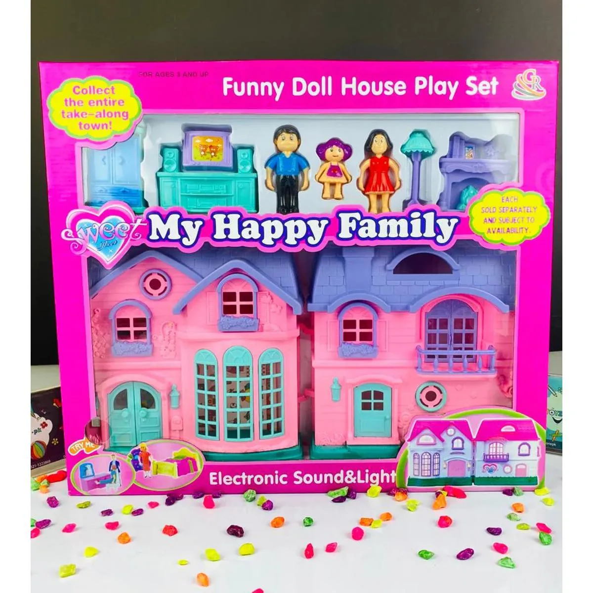 Doll House - Happy Family Villa Set For Girls - Lovely Pink Doll House For Girls - Pink Color Dollhouse Furniture Set