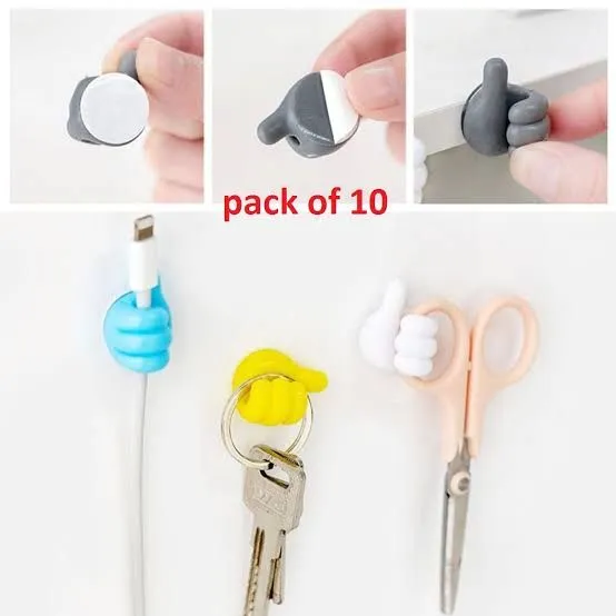 Self Adhesive Thumb Wall Hooks for Hanging, Cable Organizer Clips, No Punching Key Hook Holder, Multifunctional Utility Silicone Hooks Desk Wire Management, Random Color, Pack of 10 image 7
