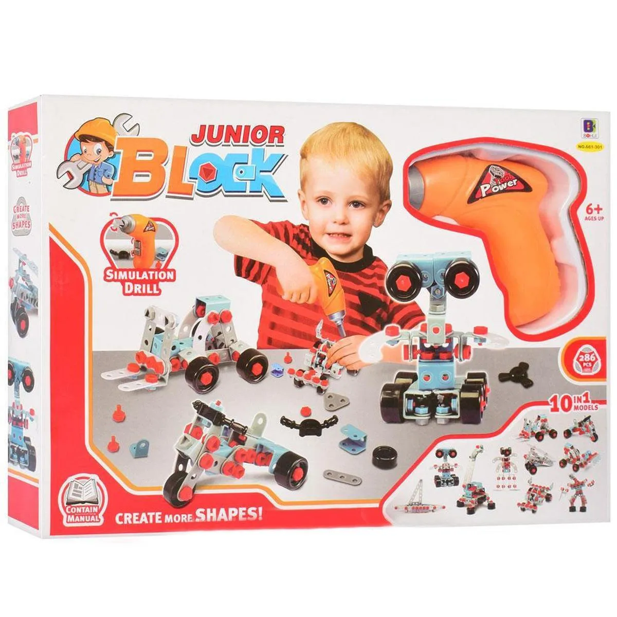 Junior Blocks with Simulation Drill - 286 Pieces(10 in 1 Models) for Kids