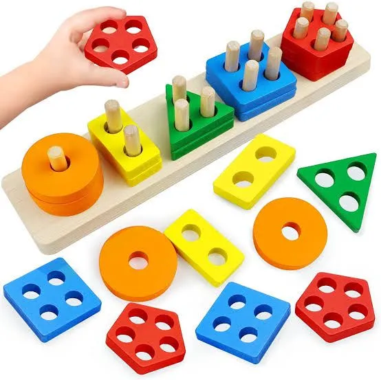 Wooden Sorting Stacking Toys 15 pcs Geometric Shapes Sorting and Stacking Block Board, Wooden Educational Puzzles for 2 3 4 Years Old Baby Boys Girls Toddlers image 1