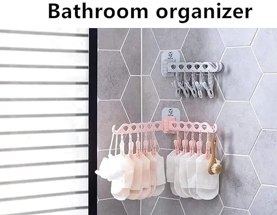 Cloth Hanger Adhesive Multi-Function Hanger with 10 Clip Wall Mounted Foldable Drying Racks (Multicolour ) image 5