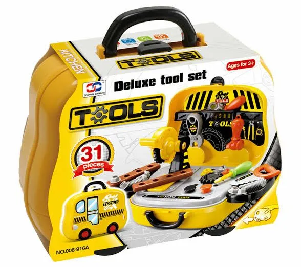 Deluxe - Pretend Play Tool Set Little Construction Workbench Including Toys Screw, Nuts, Hammers and More Tool Accessories In A Car Shape Briefcase Tool Set Box - 31 pieces - Yellow image 2