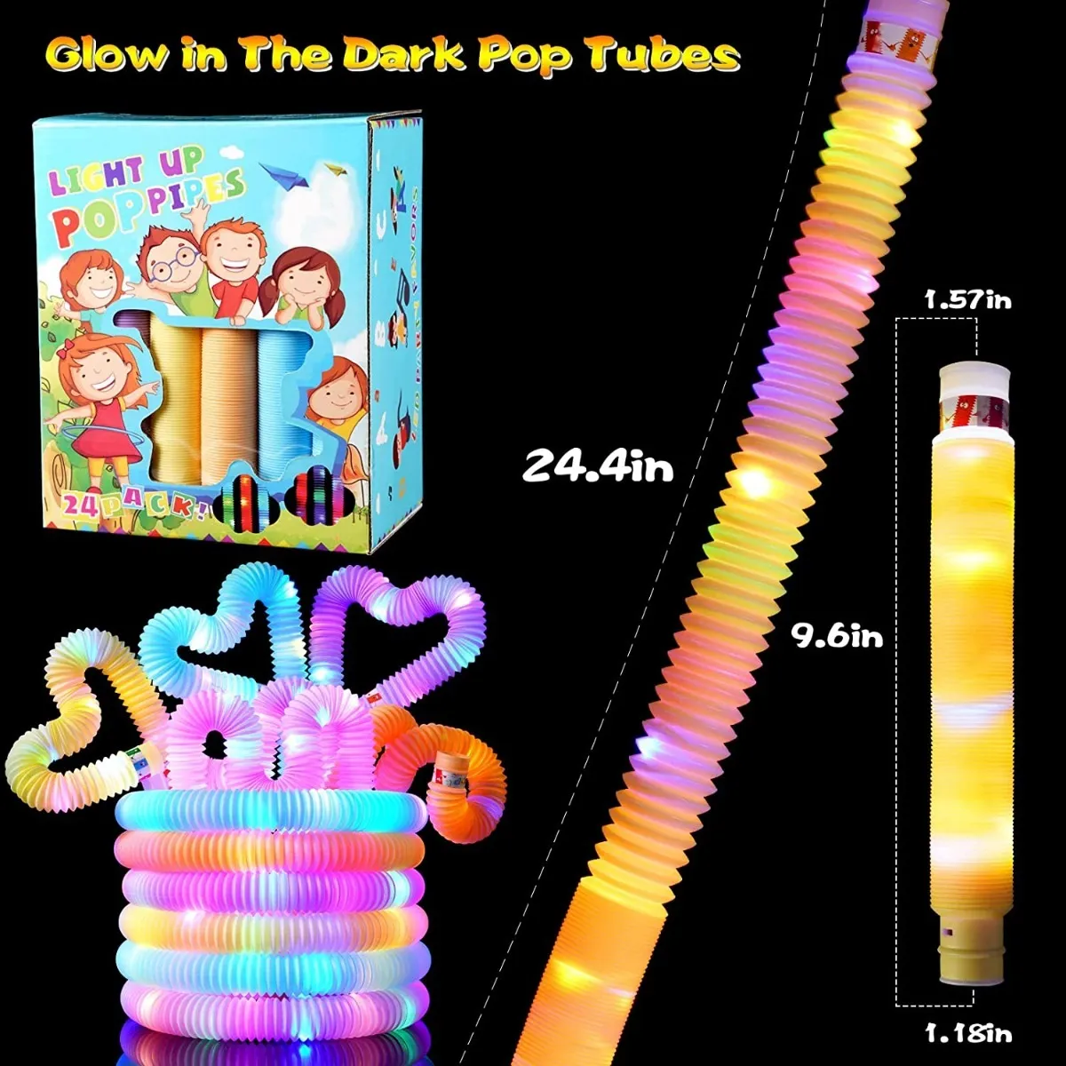 Pack of 12 LED Light Up Pop Tubes Sensory Fidget Toys Party Favors for Kids Glow in The Dark Fidget Tubes Pull and Stretch Tubes Fidget Toys for Kids Birthday Party Goodie Bag Stuffers Supplies image 3