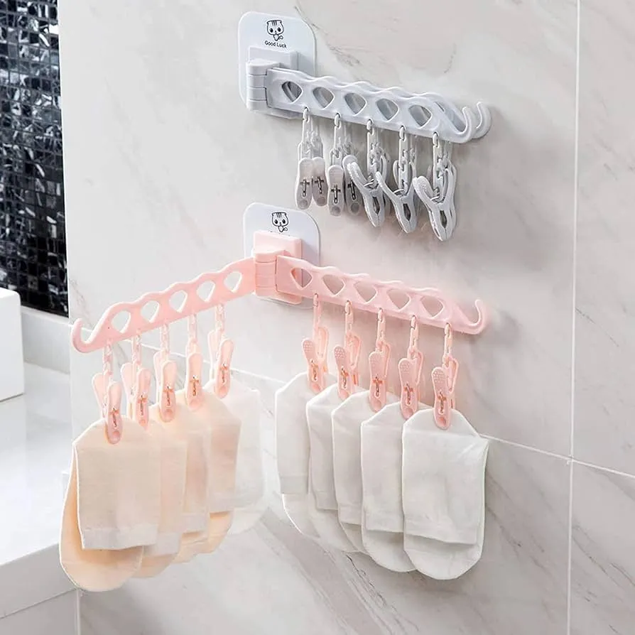 Cloth Hanger Adhesive Multi-Function Hanger with 10 Clip Wall Mounted Foldable Drying Racks (Multicolour ) image 2