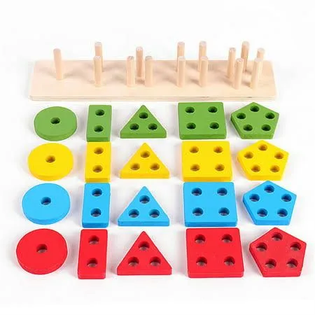 Wooden Sorting Stacking Toys 15 pcs Geometric Shapes Sorting and Stacking Block Board, Wooden Educational Puzzles for 2 3 4 Years Old Baby Boys Girls Toddlers image 5