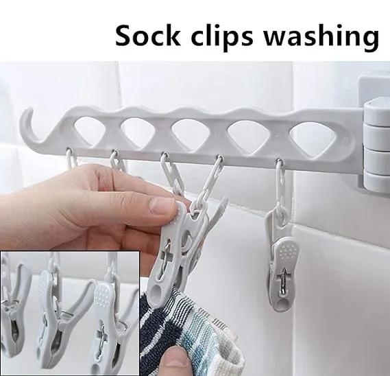 Cloth Hanger Adhesive Multi-Function Hanger with 10 Clip Wall Mounted Foldable Drying Racks (Multicolour ) image 6