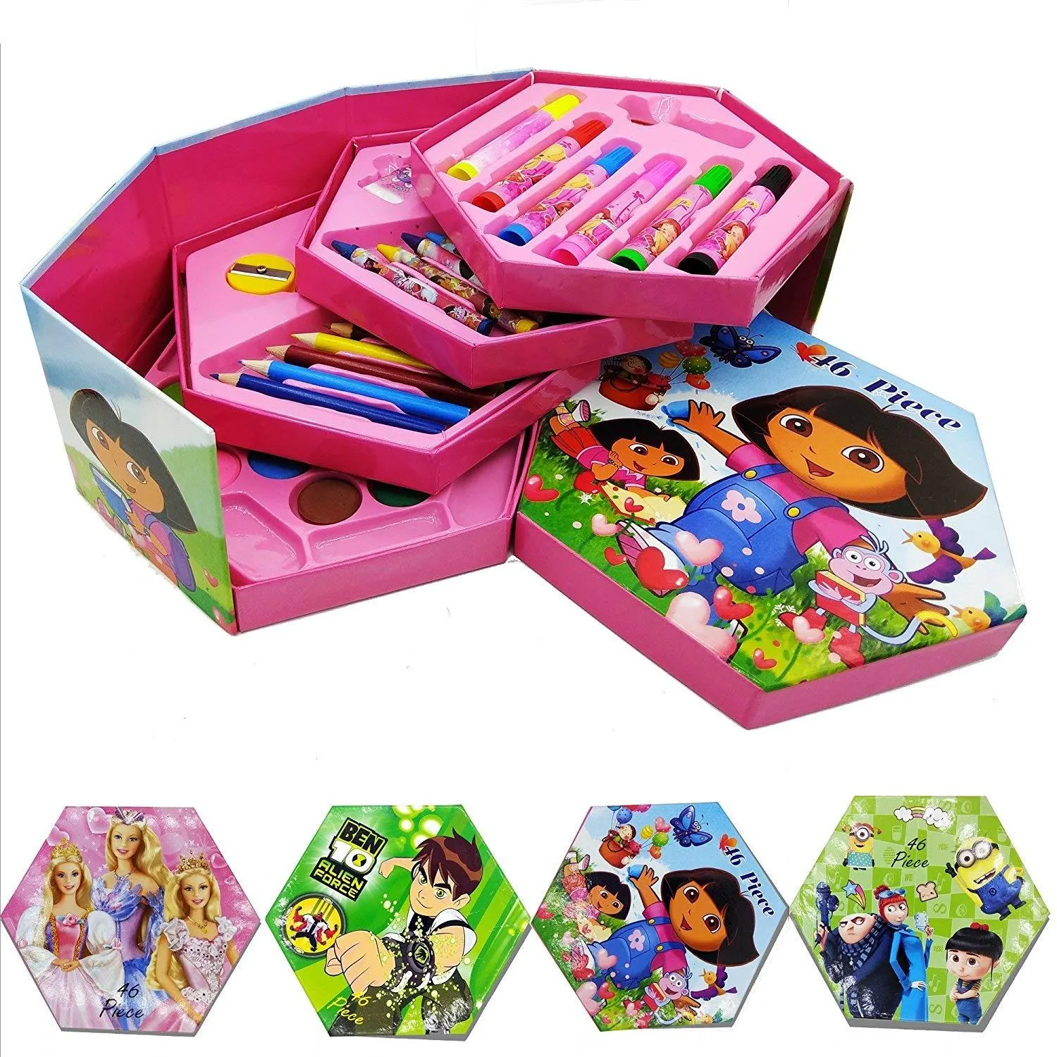 46 Pieces Coloring Kit Set - With Color Pencil, Crayons, Water Color, And Sketch Pens - Hexagon