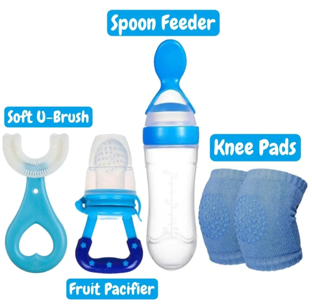 New Combo Pack 4 in 1 Baby Fruit Pacifier - Baby Silicon Spoon Feeder Best Soother - Pair of Kneepad - Best Silicone U Tooth Brush Best Tool For New born image 2
