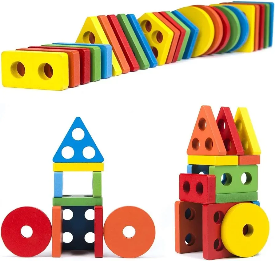 Wooden Sorting Stacking Toys 15 pcs Geometric Shapes Sorting and Stacking Block Board, Wooden Educational Puzzles for 2 3 4 Years Old Baby Boys Girls Toddlers image 3