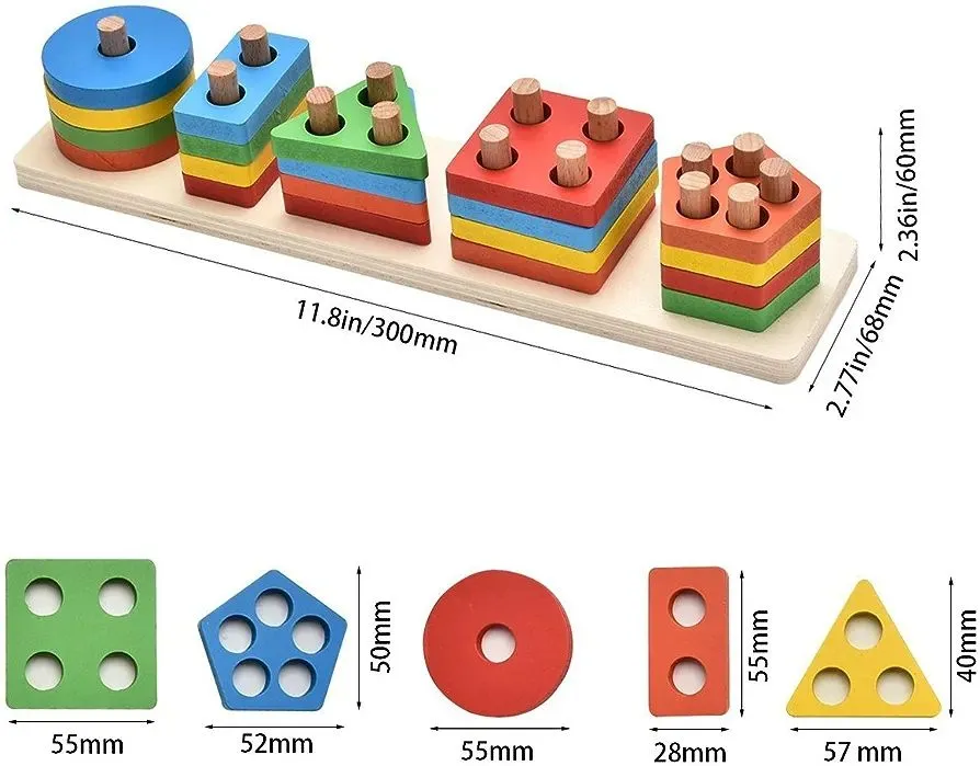 Wooden Sorting Stacking Toys 15 pcs Geometric Shapes Sorting and Stacking Block Board, Wooden Educational Puzzles for 2 3 4 Years Old Baby Boys Girls Toddlers image 4