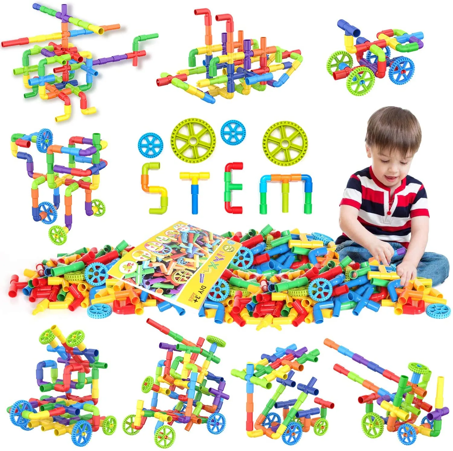 STEM Building Blocks Colorful Pipe Tube Creative Puzzle Construction Set with Wheels image 2