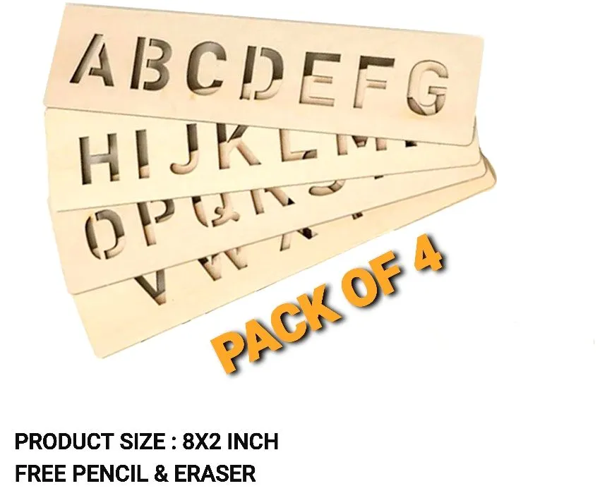 Alphabets A To Z Letter Educational Wood Hand Writing Stencil Board (4 PIECES) Alphabet Recognition Reading And Drawing Hand And Eye Co-ordination Size 8x2 inches With Free Pencil And Eraser
