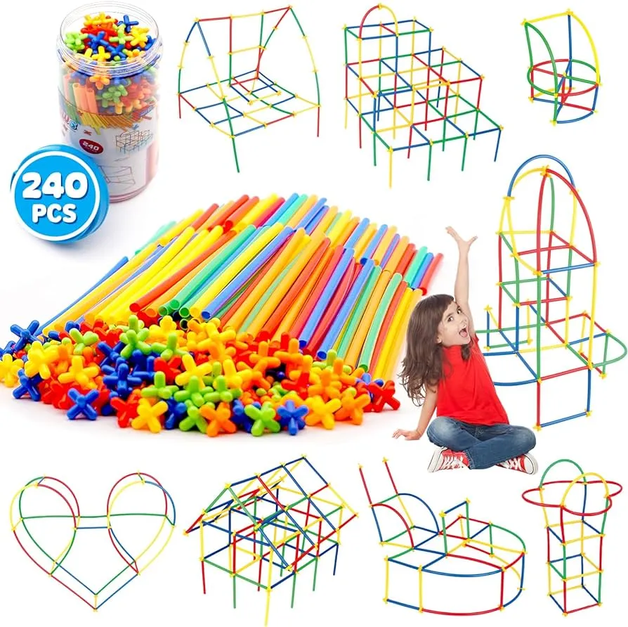 Rainbow Straw Constructor Stem Building Toys 240 pcs Interlocking Plastic Educational Toys Engineering Building Blocks -Construction Blocks- Colorful Motor Skills Interlocking Plastic Engineering Toys Best Educational Toys Gift for Boys & Girls image 1