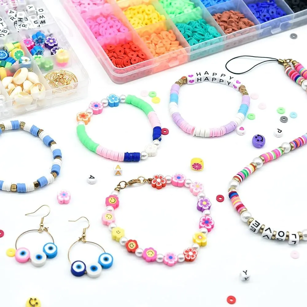 Beads for Bracelet Making Kit 24 Colors Flat Round Polymer 6mm Spacer Heishi Beads Fruit Flower Smiley Polymer Strings for Jewelry Making Kit Bracelets Neckless image 4
