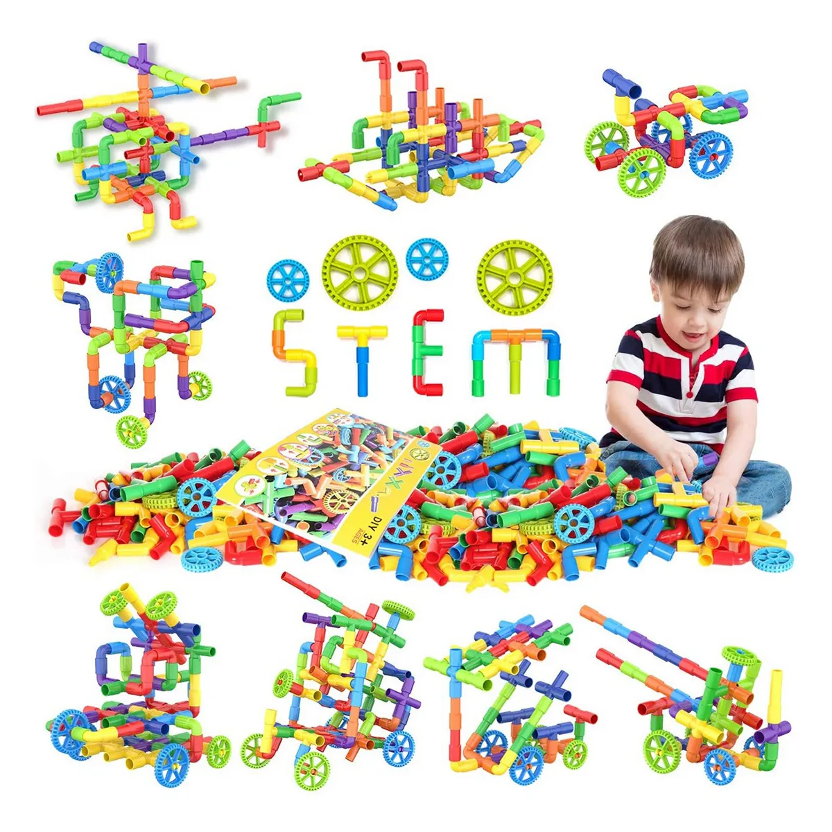 STEM Building Blocks Colorful Pipe Tube Creative Puzzle Construction Set with Wheels