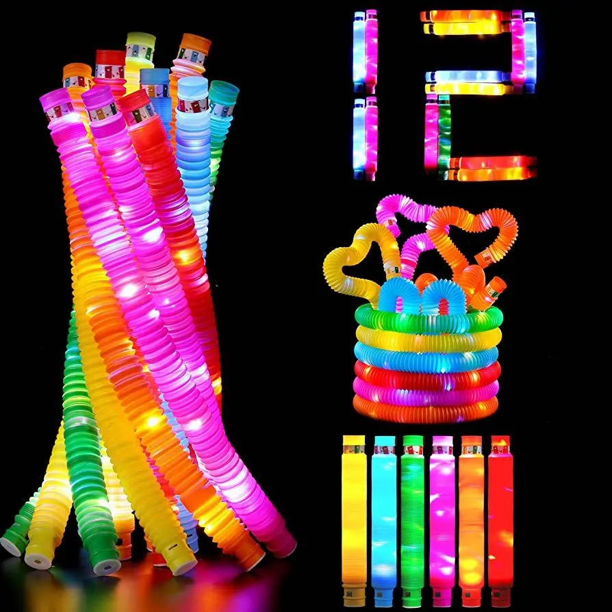 Pack of 12 LED Light Up Pop Tubes Sensory Fidget Toys Party Favors for Kids Glow in The Dark Fidget Tubes Pull and Stretch Tubes Fidget Toys for Kids Birthday Party Goodie Bag Stuffers Supplies image 2