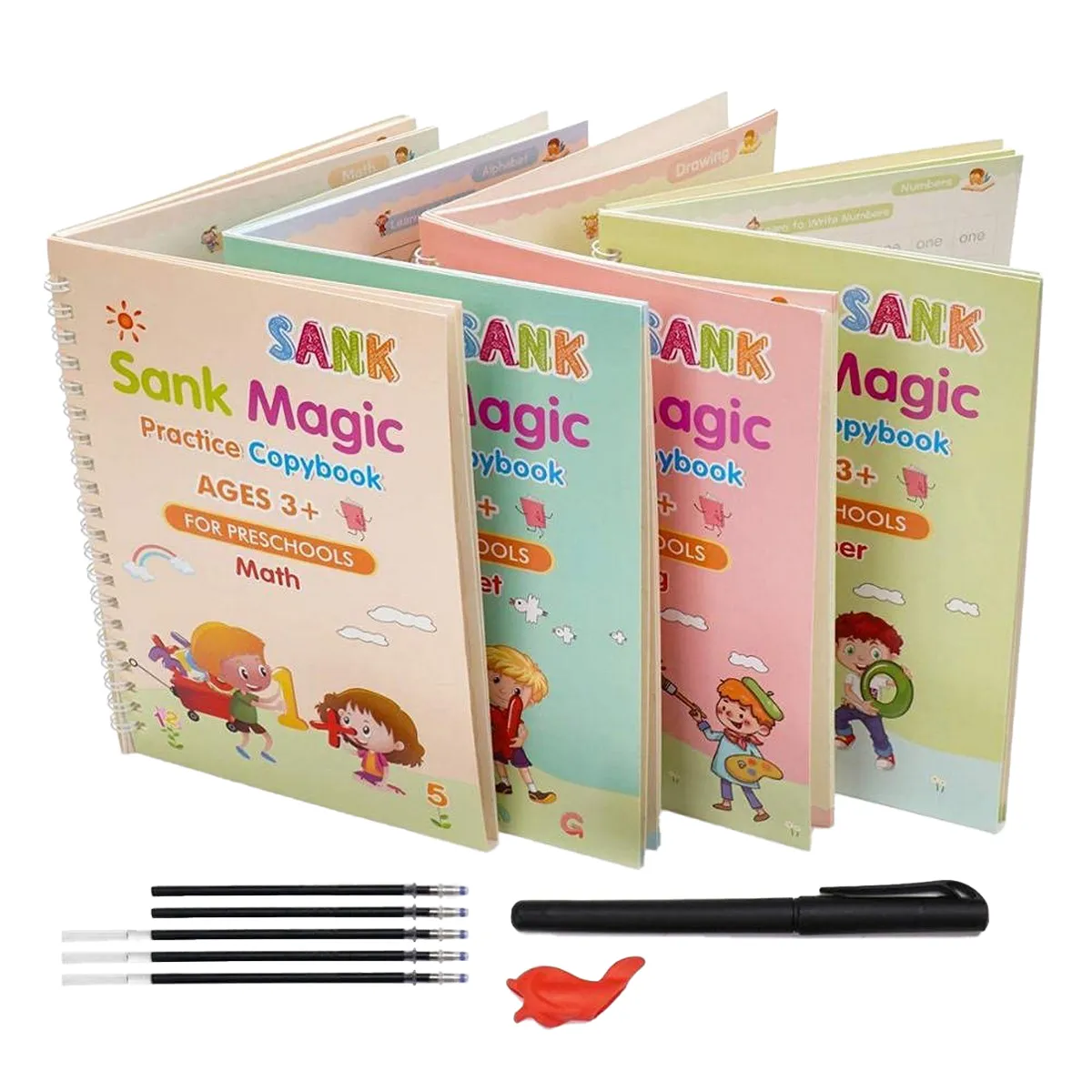 Sank Magic Practice Copybooks with Magic Pen - Reusable Handwriting Workbook for Kids - English Letters, Numbers, Addition, Subtraction, Drawing, and Calligraphy Pens Set for Beginners image 1