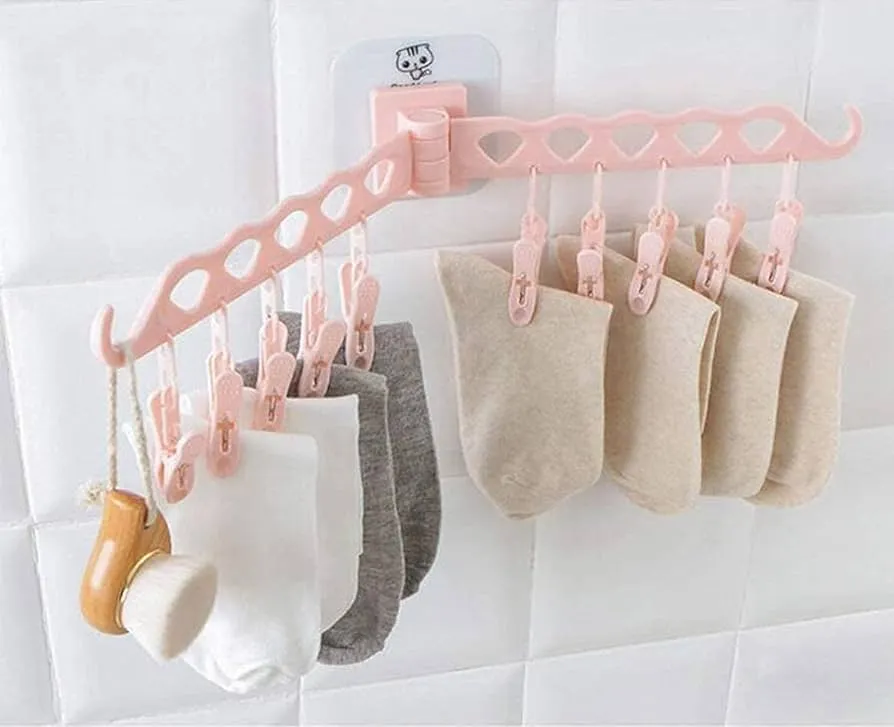 Cloth Hanger Adhesive Multi-Function Hanger with 10 Clip Wall Mounted Foldable Drying Racks (Multicolour ) image 4