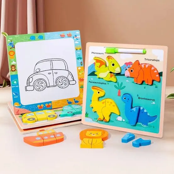 2 In 1 Wooden Puzzle Drawing Board Jigsaw Board Color Shapes Montessori Multifunctional White Board Wuth Puzzles For 2 3 4 5  Year Old Boys Girl And Kids Fun And Learn Toy Best Educational Utensils image 5
