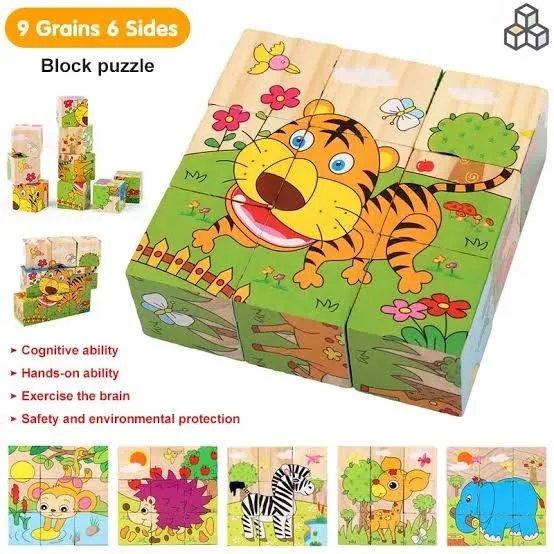  6 in 1 Wooden Block Puzzle 6 Sided Funny Universal Jigsaw Cubical Wooden Blocks  For 2 3 4+ Years Boy Girl Educational Montessori Toys Jigsaw Puzzle