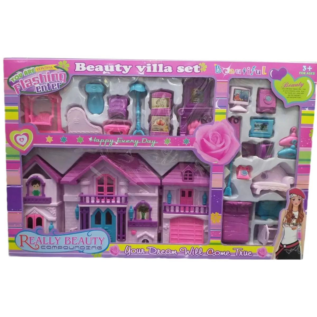Doll House - Beauty Villa Set For Girls - Lovely Pink Doll House - Doll House For Girls - Pink Color Doll Play House