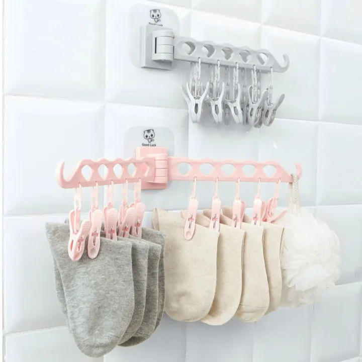 Cloth Hanger Adhesive Multi-Function Hanger with 10 Clip Wall Mounted Foldable Drying Racks (Multicolour ) image 3