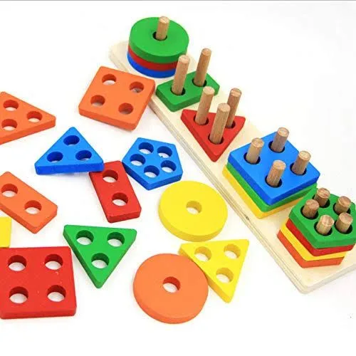 Wooden Sorting Stacking Toys 15 pcs Geometric Shapes Sorting and Stacking Block Board, Wooden Educational Puzzles for 2 3 4 Years Old Baby Boys Girls Toddlers image 2