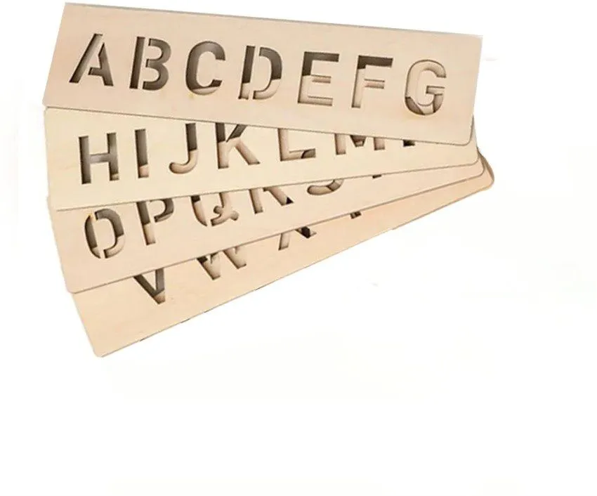 Alphabets A To Z Letter Educational Wood Hand Writing Stencil Board (4 PIECES) Alphabet Recognition Reading And Drawing Hand And Eye Co-ordination Size 8x2 inches With Free Pencil And Eraser image 2
