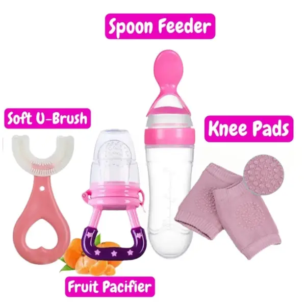 New Combo Pack 4 in 1 Baby Fruit Pacifier - Baby Silicon Spoon Feeder Best Soother - Pair of Kneepad - Best Silicone U Tooth Brush Best Tool For New born